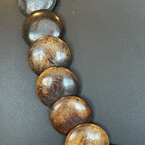 Vintage Wooden Beaded Necklace Shades Of Brown Overlapping Disc Graduated 18" - Picture 2 of 7